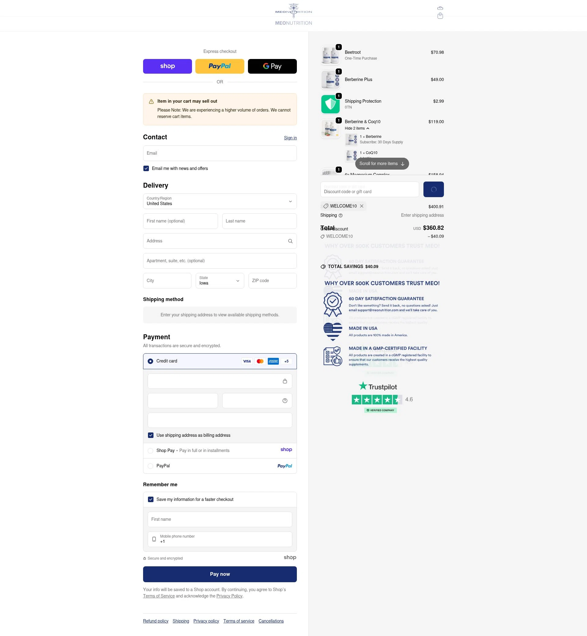 Meo Nutrution checkout page showing Meo Nutrution promo code box | Screenshot taken by SimplyCodes community member on Jan 4, 2026