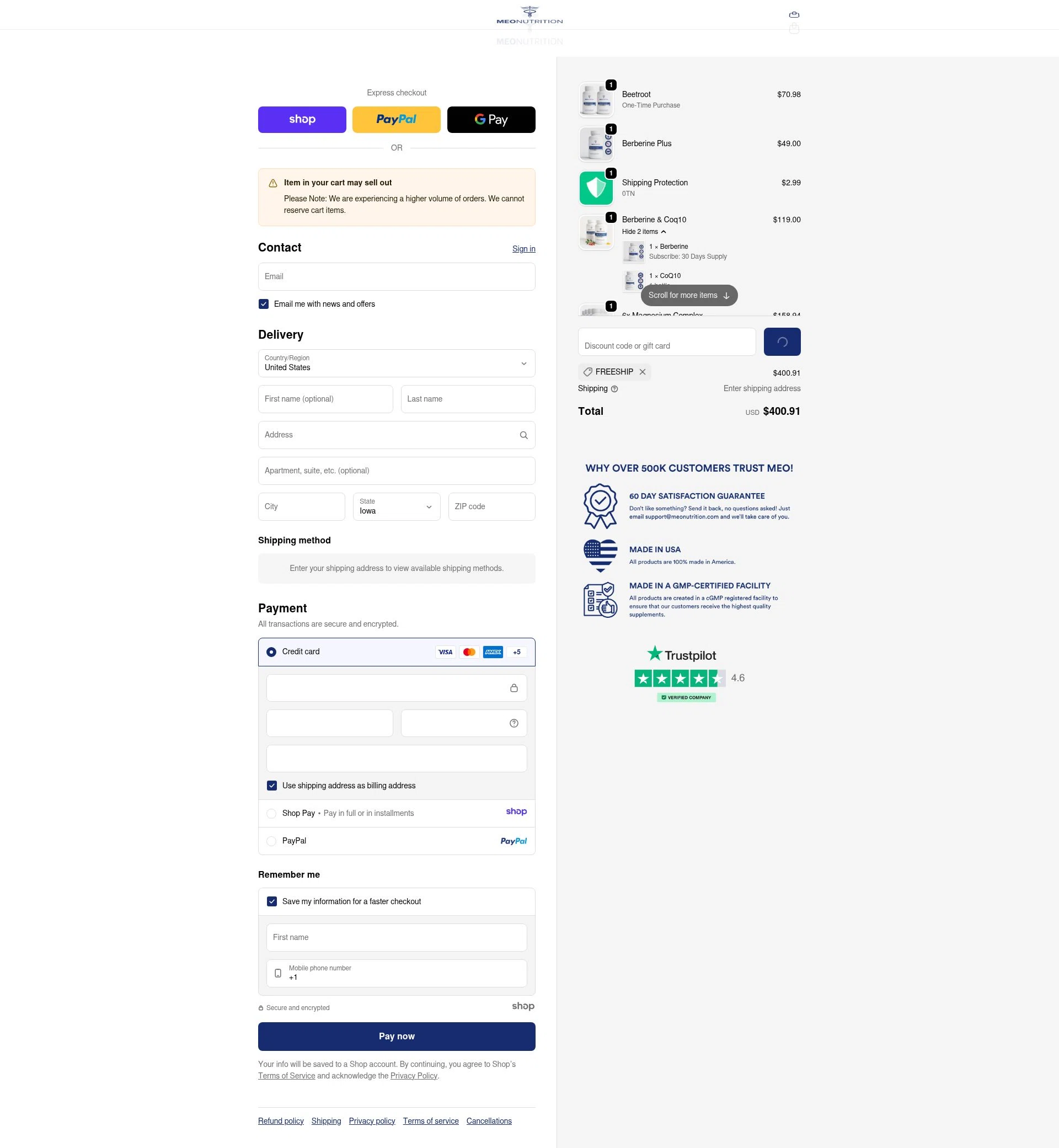 Meo Nutrution checkout page showing Meo Nutrution promo code box | Screenshot taken by SimplyCodes community member on Jan 4, 2026