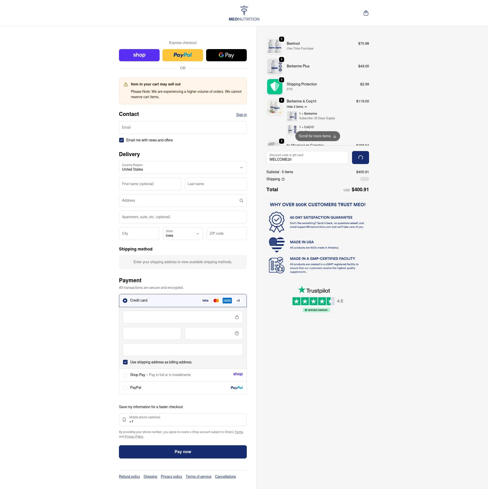 Meo Nutrution checkout page showing Meo Nutrution promo code box | Screenshot taken by SimplyCodes community member on Jan 9, 2026