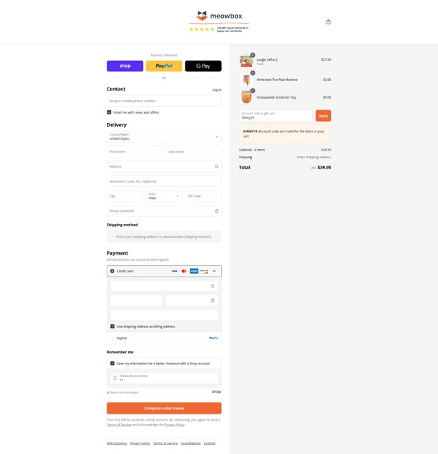 MeowBox checkout page showing MeowBox promo code box | Screenshot taken by SimplyCodes community member on Sep 7, 2025
