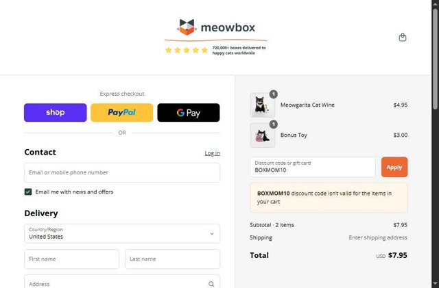 MeowBox checkout page showing MeowBox promo code box | Screenshot taken by SimplyCodes community member on Sep 7, 2025