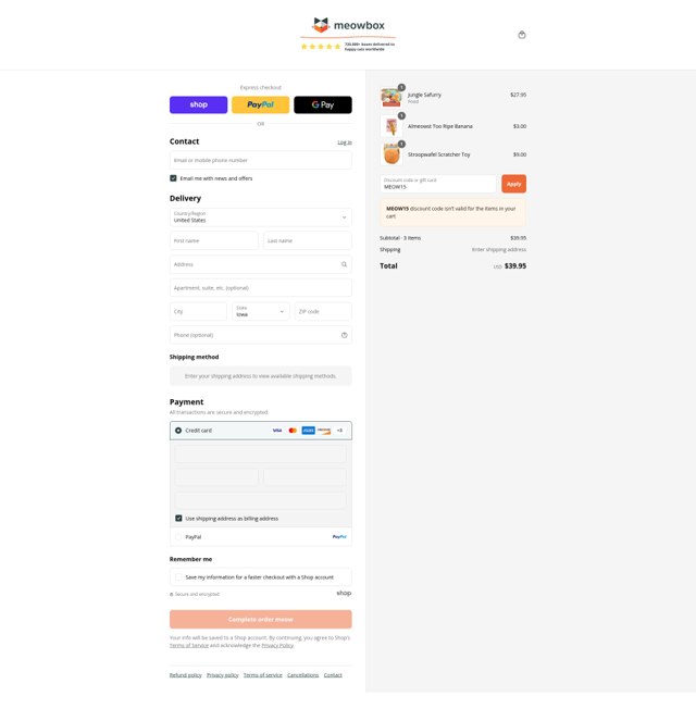 MeowBox checkout page showing MeowBox promo code box | Screenshot taken by SimplyCodes community member on Sep 7, 2025