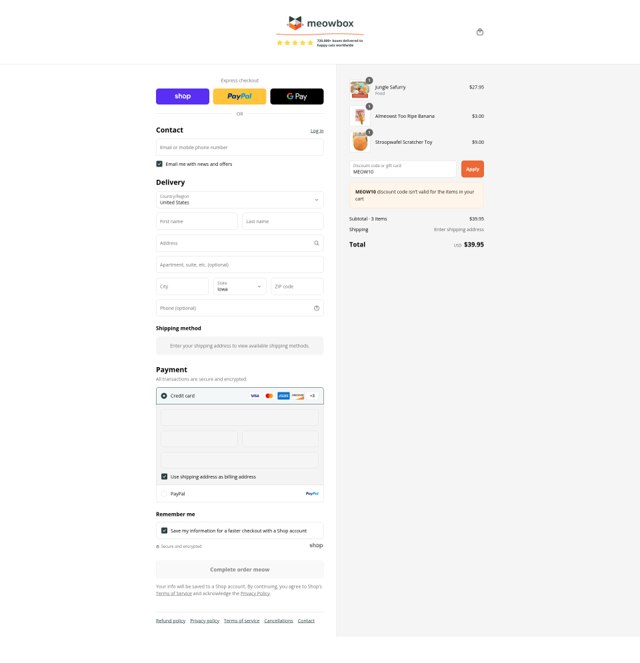 MeowBox checkout page showing MeowBox promo code box | Screenshot taken by SimplyCodes community member on Sep 7, 2025