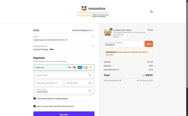 MeowBox checkout page showing MeowBox promo code box | Screenshot taken by SimplyCodes community member on Sep 7, 2025
