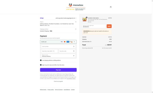 MeowBox checkout page showing MeowBox promo code box | Screenshot taken by SimplyCodes community member on Sep 7, 2025