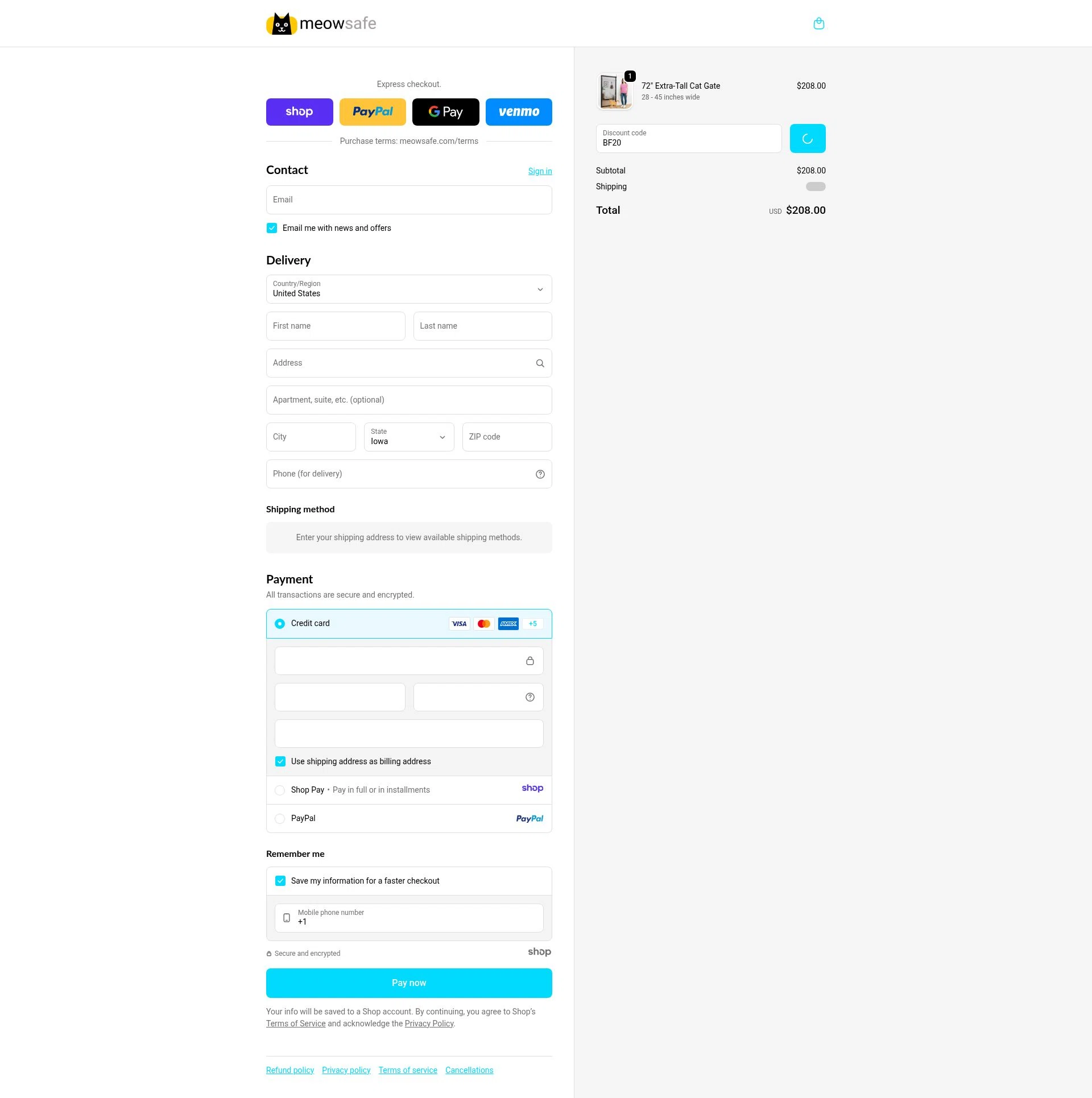Meow Safe checkout page showing Meow Safe discount code box | Screenshot taken by SimplyCodes community member on Dec 22, 2025