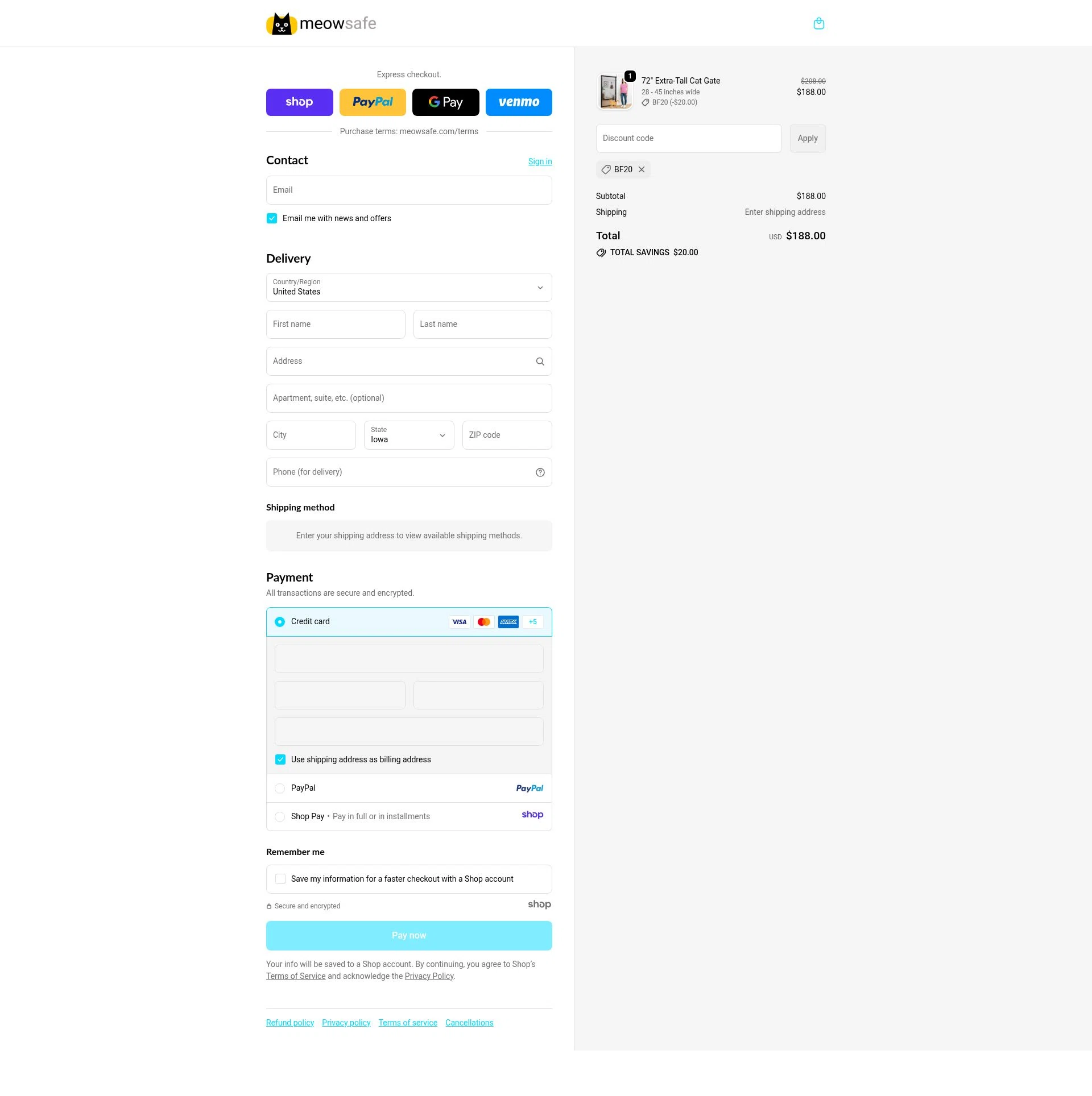 Meow Safe checkout page showing Meow Safe discount code box | Screenshot taken by SimplyCodes community member on Nov 29, 2025