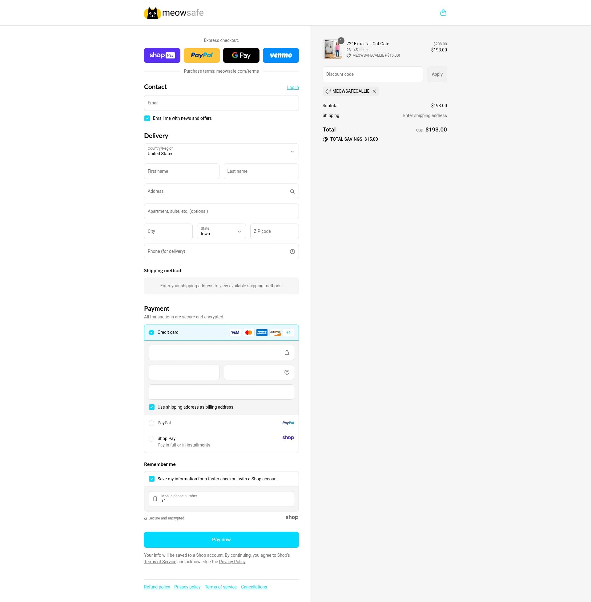 Meow Safe checkout page showing Meow Safe discount code box | Screenshot taken by SimplyCodes community member on Aug 26, 2025