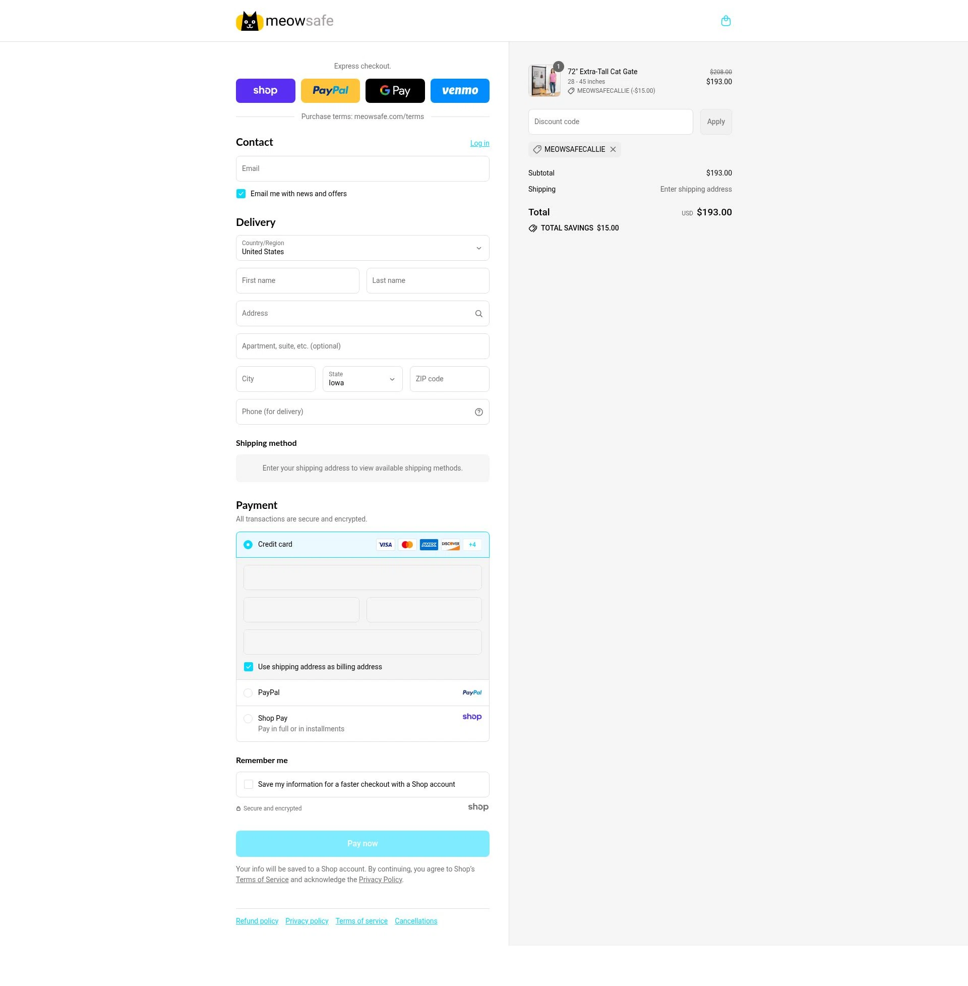 Meow Safe checkout page showing Meow Safe discount code box | Screenshot taken by SimplyCodes community member on Aug 30, 2025