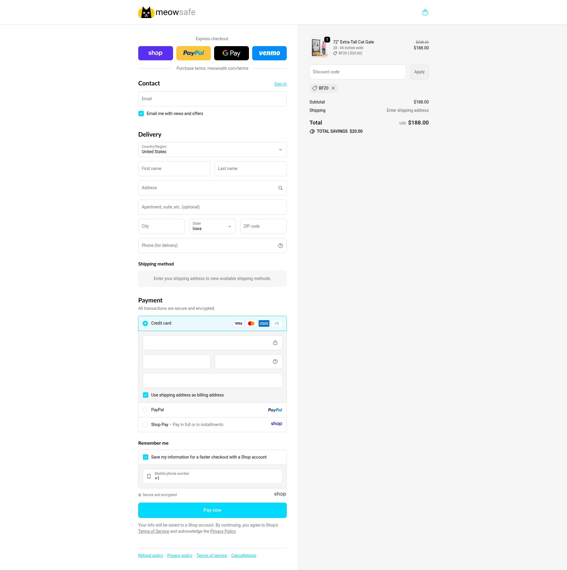 Meow Safe checkout page showing Meow Safe discount code box | Screenshot taken by SimplyCodes community member on Dec 4, 2025