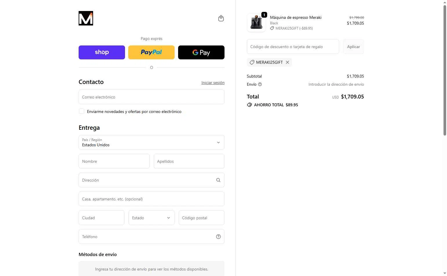 Meraki Espresso checkout page showing Meraki Espresso promo code box | Screenshot taken by SimplyCodes community member on Dec 22, 2025