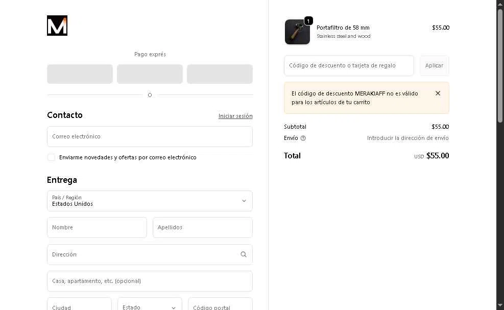 Meraki Espresso checkout page showing Meraki Espresso promo code box | Screenshot taken by SimplyCodes community member on Dec 29, 2025