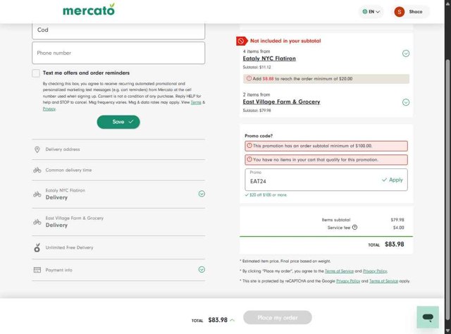 Mercato checkout page showing Mercato promo code box | Screenshot taken by SimplyCodes community member on Jul 13, 2025