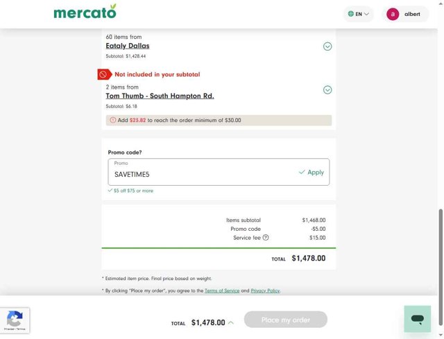 Mercato checkout page showing Mercato promo code box | Screenshot taken by SimplyCodes community member on Jul 28, 2025