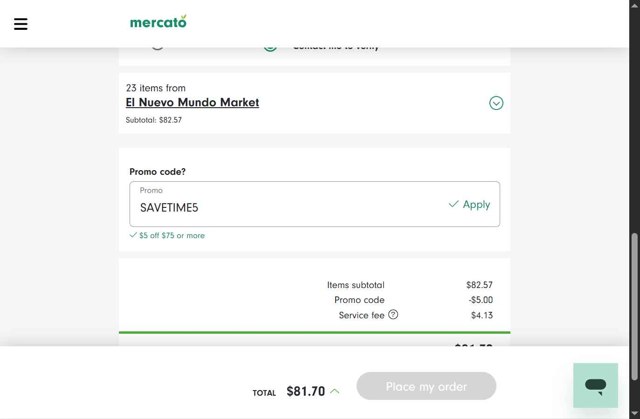 Mercato checkout page showing Mercato promo code box | Screenshot taken by SimplyCodes community member on Aug 28, 2025