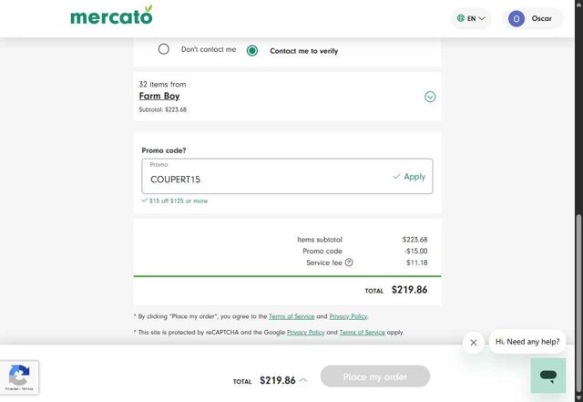 Mercato checkout page showing Mercato promo code box | Screenshot taken by SimplyCodes community member on Aug 10, 2025