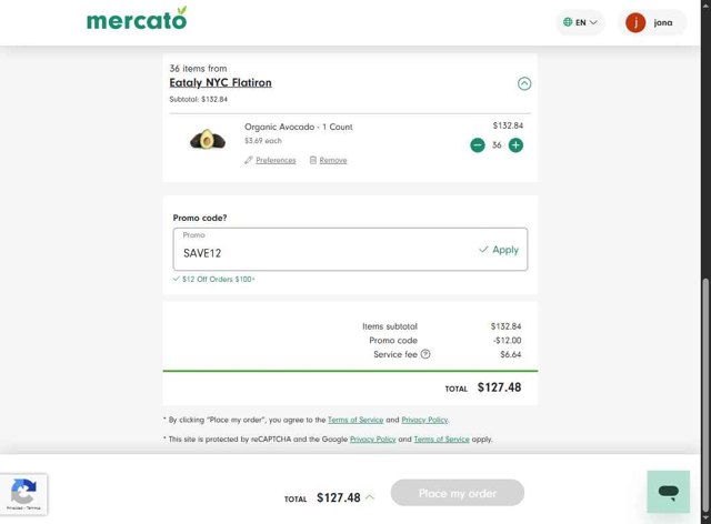 Mercato checkout page showing Mercato promo code box | Screenshot taken by SimplyCodes community member on Aug 28, 2025