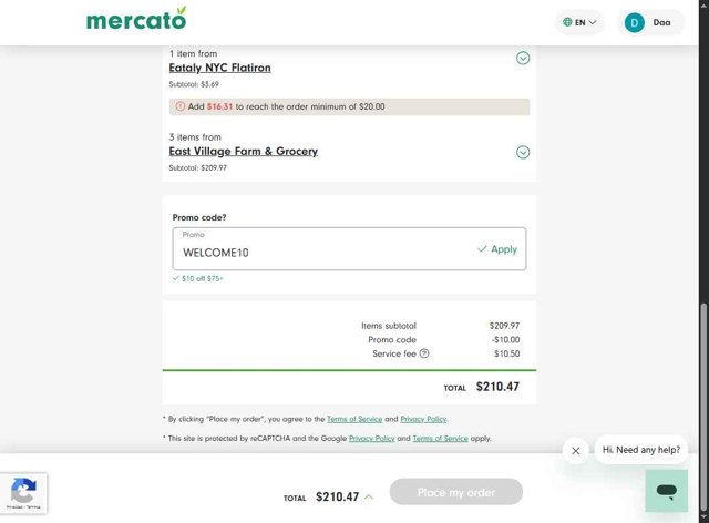 Mercato checkout page showing Mercato promo code box | Screenshot taken by SimplyCodes community member on Aug 28, 2025