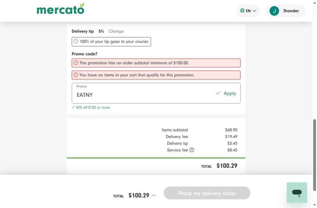 Mercato checkout page showing Mercato promo code box | Screenshot taken by SimplyCodes community member on Aug 30, 2025