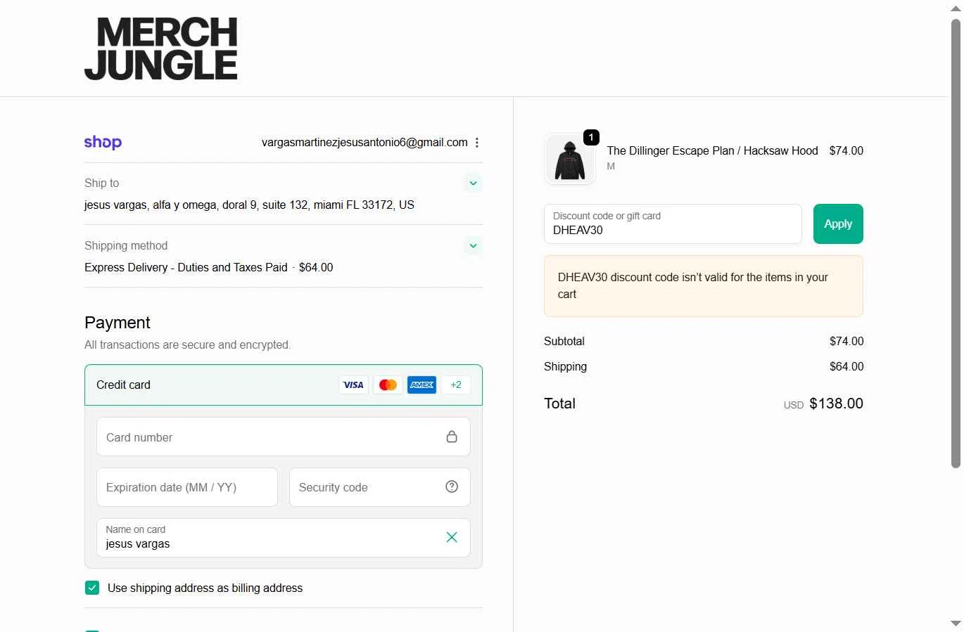 Merch Jungle checkout page showing Merch Jungle discount code box | Screenshot taken by SimplyCodes community member on Sep 21, 2025