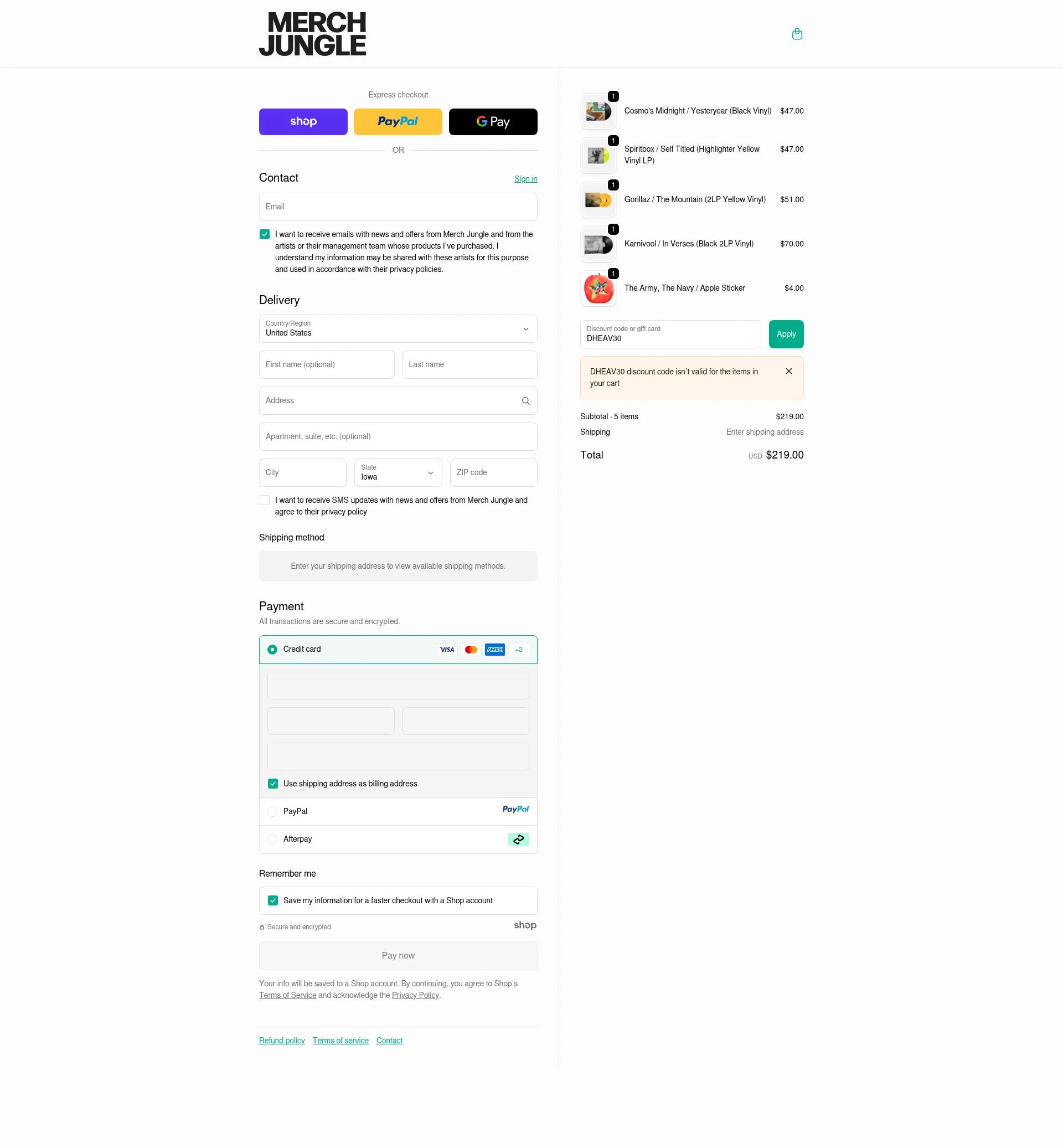 Merch Jungle checkout page showing Merch Jungle discount code box | Screenshot taken by SimplyCodes community member on Oct 2, 2025
