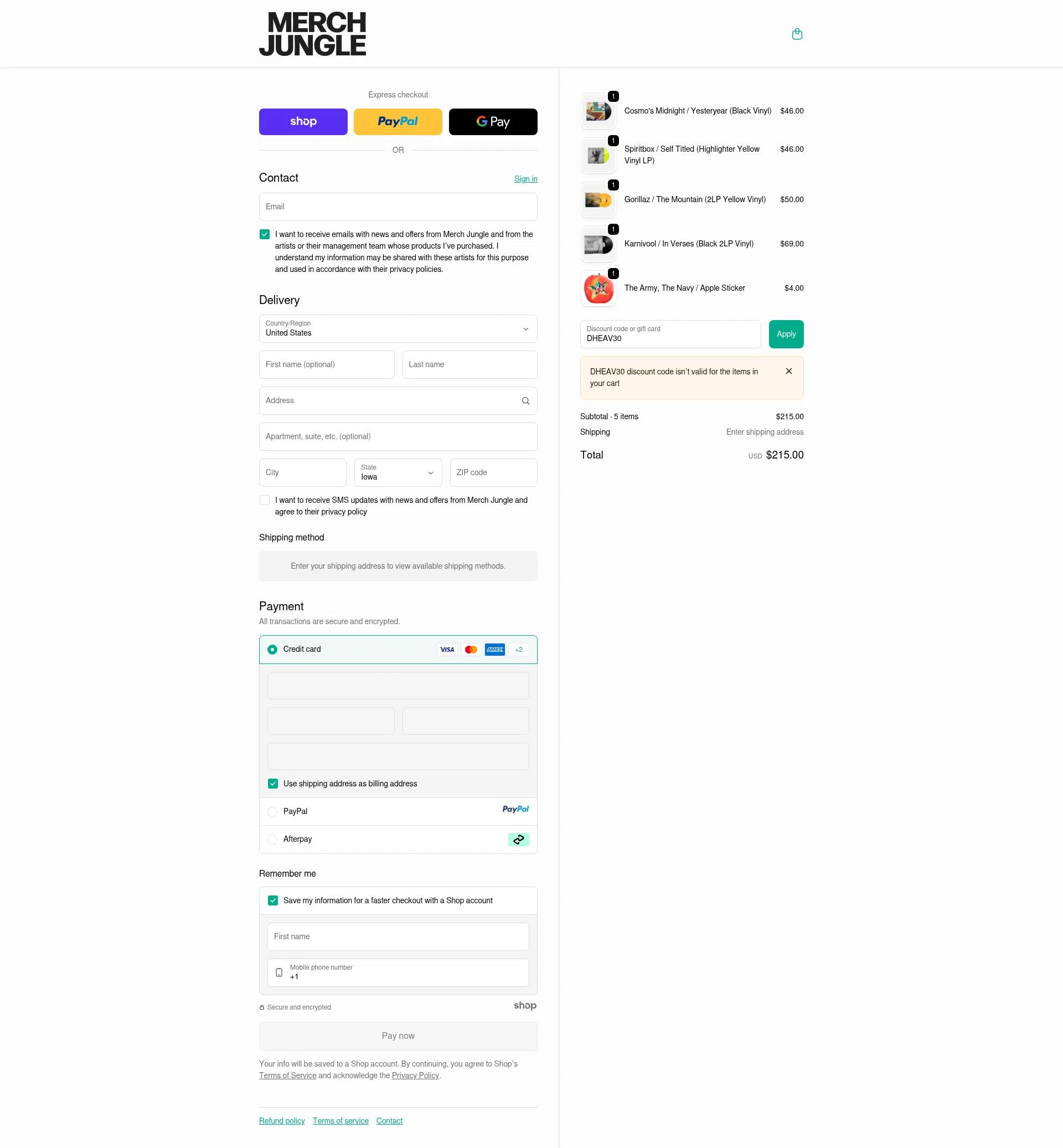 Merch Jungle checkout page showing Merch Jungle discount code box | Screenshot taken by SimplyCodes community member on Oct 13, 2025