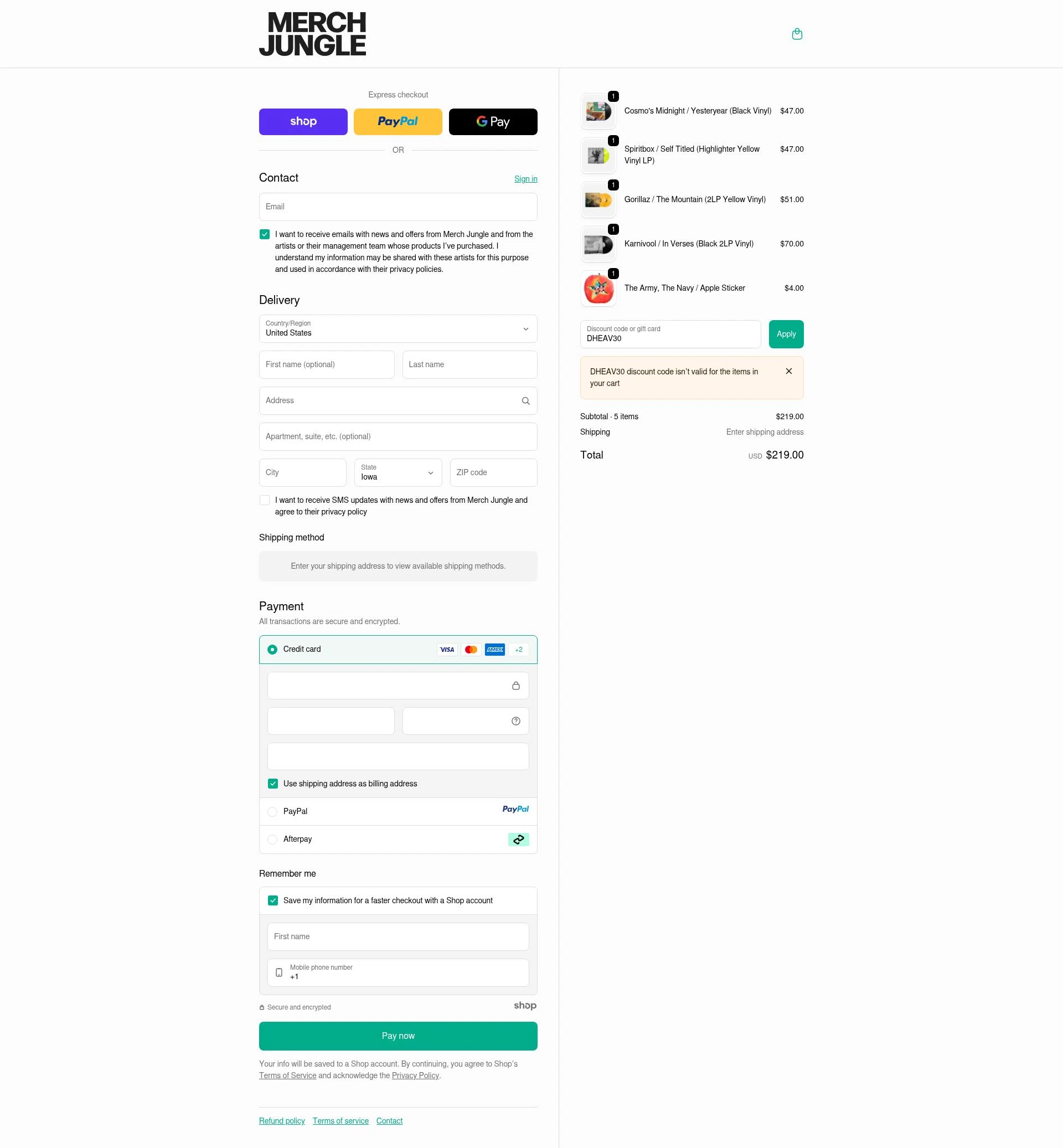 Merch Jungle checkout page showing Merch Jungle discount code box | Screenshot taken by SimplyCodes community member on Oct 6, 2025