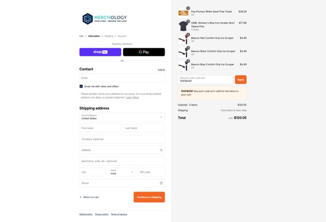Merchology checkout page showing Merchology discount code box | Screenshot taken by SimplyCodes community member on Aug 27, 2025