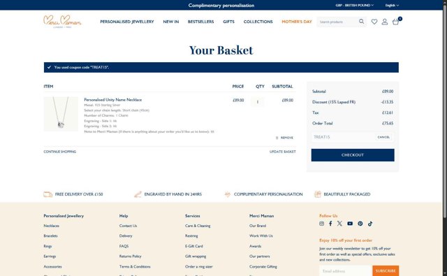 Merci Maman checkout page showing Merci Maman discount code box | Screenshot taken by SimplyCodes community member on May 17, 2025