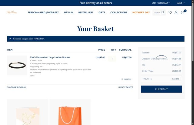 Merci Maman checkout page showing Merci Maman discount code box | Screenshot taken by SimplyCodes community member on May 17, 2025
