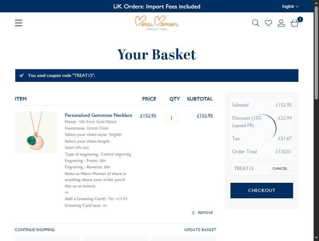 Merci Maman checkout page showing Merci Maman discount code box | Screenshot taken by SimplyCodes community member on May 17, 2025
