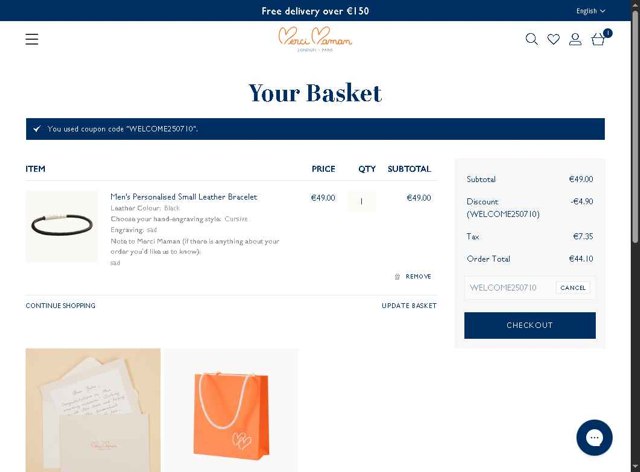 Merci Maman checkout page showing Merci Maman discount code box | Screenshot taken by SimplyCodes community member on Sep 3, 2025