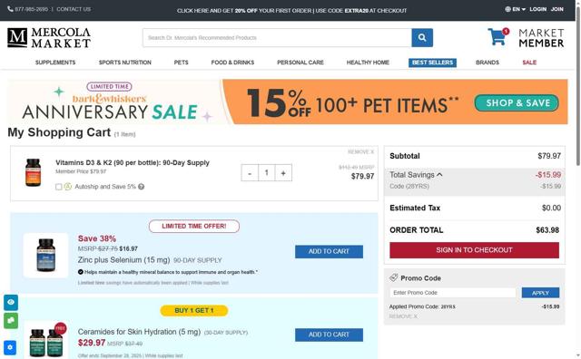 Mercola Market checkout page showing Mercola Market promo code box | Screenshot taken by SimplyCodes community member on Sep 8, 2025