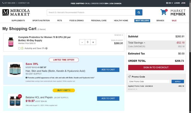 Mercola Market checkout page showing Mercola Market promo code box | Screenshot taken by SimplyCodes community member on Aug 27, 2025
