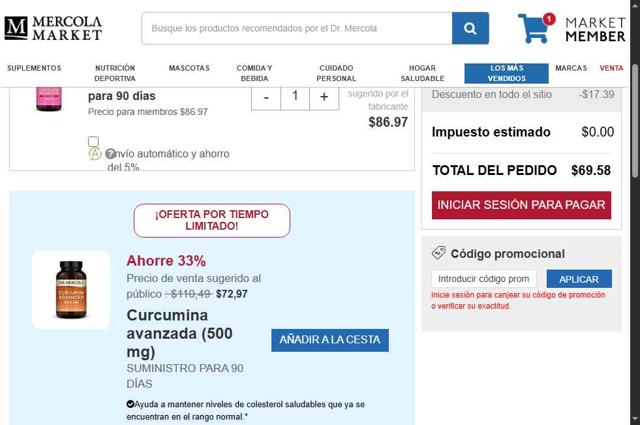 Mercola Market checkout page showing Mercola Market promo code box | Screenshot taken by SimplyCodes community member on Sep 2, 2025