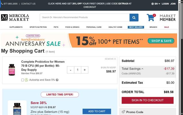 Mercola Market checkout page showing Mercola Market promo code box | Screenshot taken by SimplyCodes community member on Sep 8, 2025