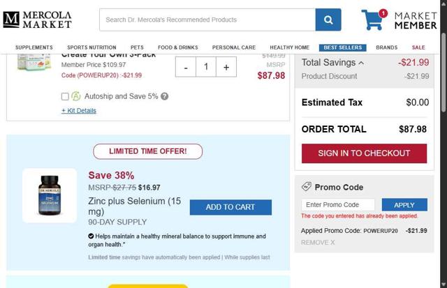 Mercola Market checkout page showing Mercola Market promo code box | Screenshot taken by SimplyCodes community member on Sep 13, 2025