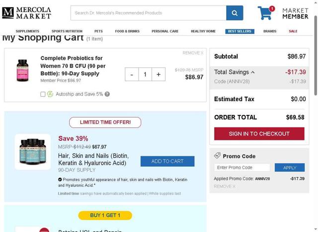 Mercola Market checkout page showing Mercola Market promo code box | Screenshot taken by SimplyCodes community member on Aug 27, 2025