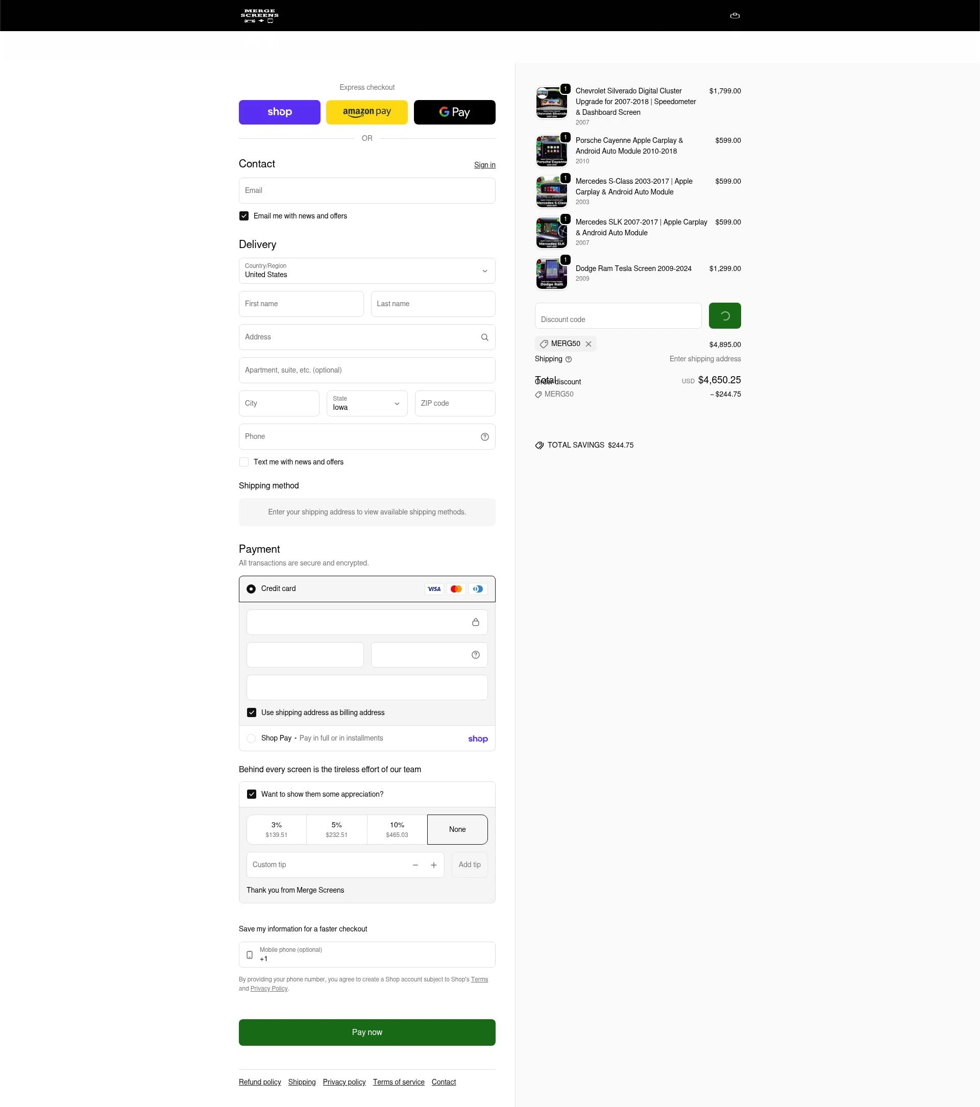 Merge Screens checkout page showing Merge Screens discount code box | Screenshot taken by SimplyCodes community member on Feb 11, 2026