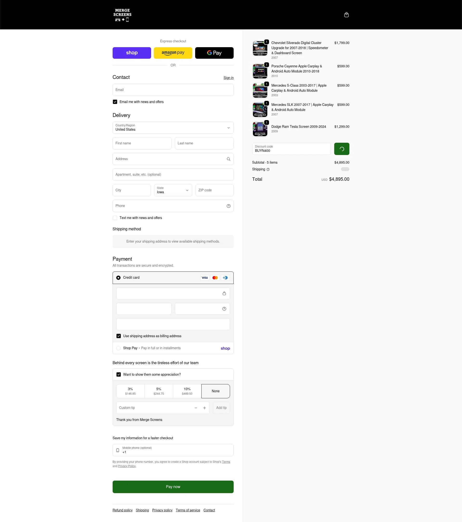 Merge Screens checkout page showing Merge Screens discount code box | Screenshot taken by SimplyCodes community member on Feb 11, 2026
