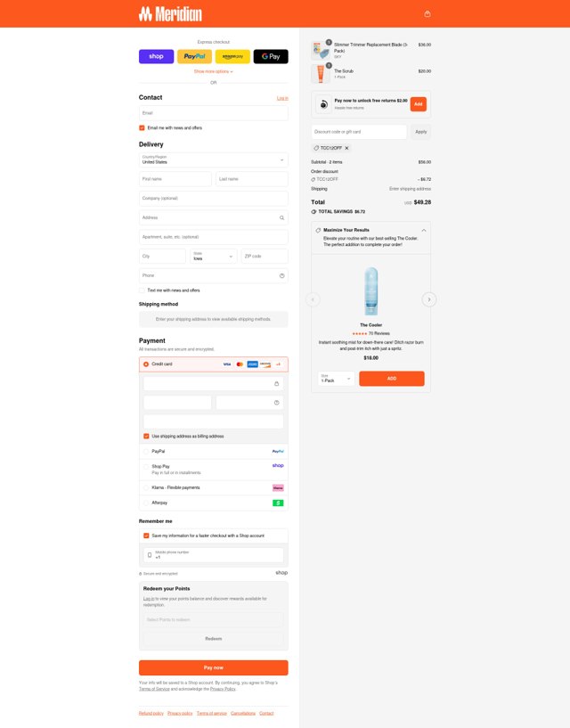 Meridian Grooming checkout page showing Meridian Grooming promo code box | Screenshot taken by SimplyCodes community member on Aug 29, 2025