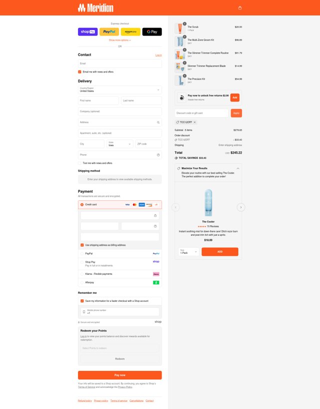 Meridian Grooming checkout page showing Meridian Grooming promo code box | Screenshot taken by SimplyCodes community member on Aug 25, 2025