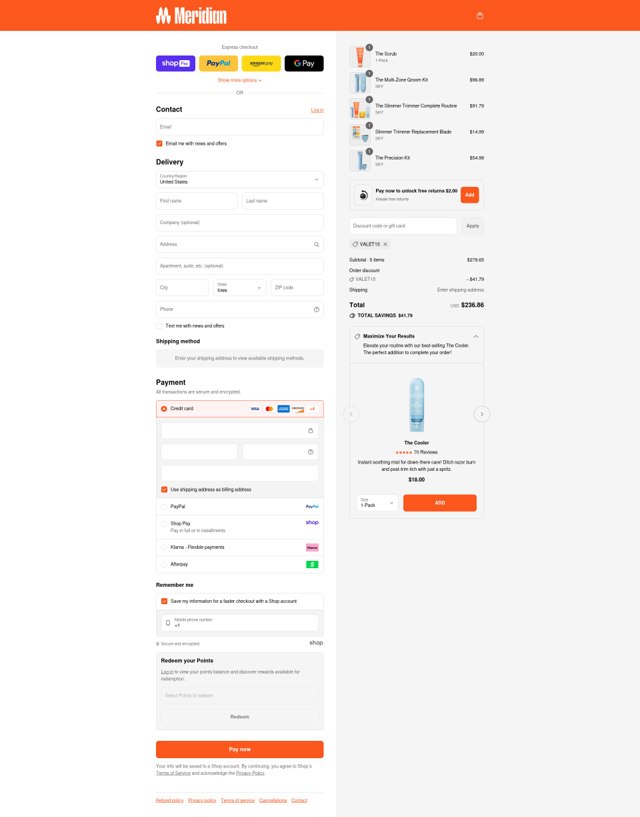 Meridian Grooming checkout page showing Meridian Grooming promo code box | Screenshot taken by SimplyCodes community member on Aug 25, 2025