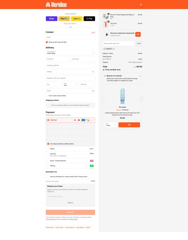 Meridian Grooming checkout page showing Meridian Grooming promo code box | Screenshot taken by SimplyCodes community member on Aug 29, 2025