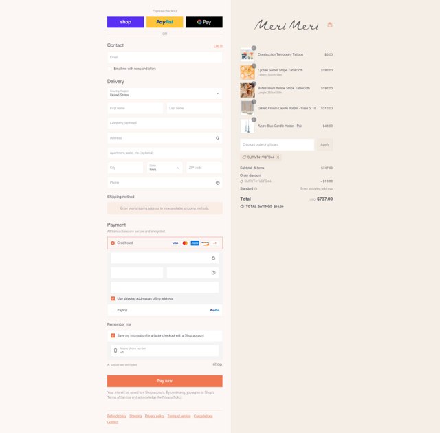 Meri Meri checkout page showing Meri Meri discount code box | Screenshot taken by SimplyCodes community member on Sep 7, 2025