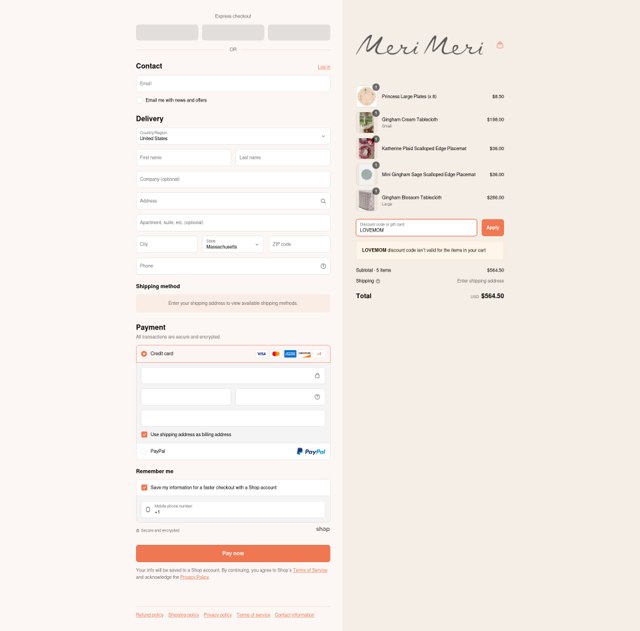 Meri Meri checkout page showing Meri Meri discount code box | Screenshot taken by SimplyCodes community member on Apr 20, 2025