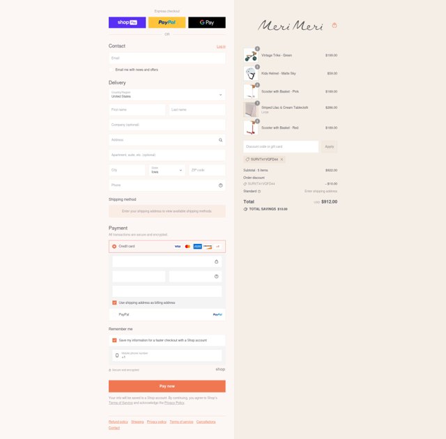 Meri Meri checkout page showing Meri Meri discount code box | Screenshot taken by SimplyCodes community member on Aug 25, 2025