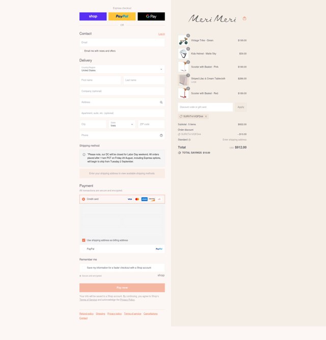 Meri Meri checkout page showing Meri Meri discount code box | Screenshot taken by SimplyCodes community member on Aug 29, 2025