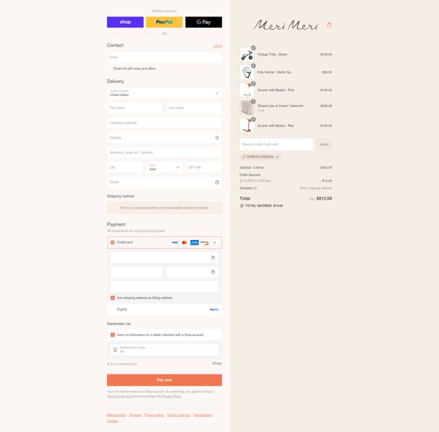 Meri Meri checkout page showing Meri Meri discount code box | Screenshot taken by SimplyCodes community member on Sep 3, 2025