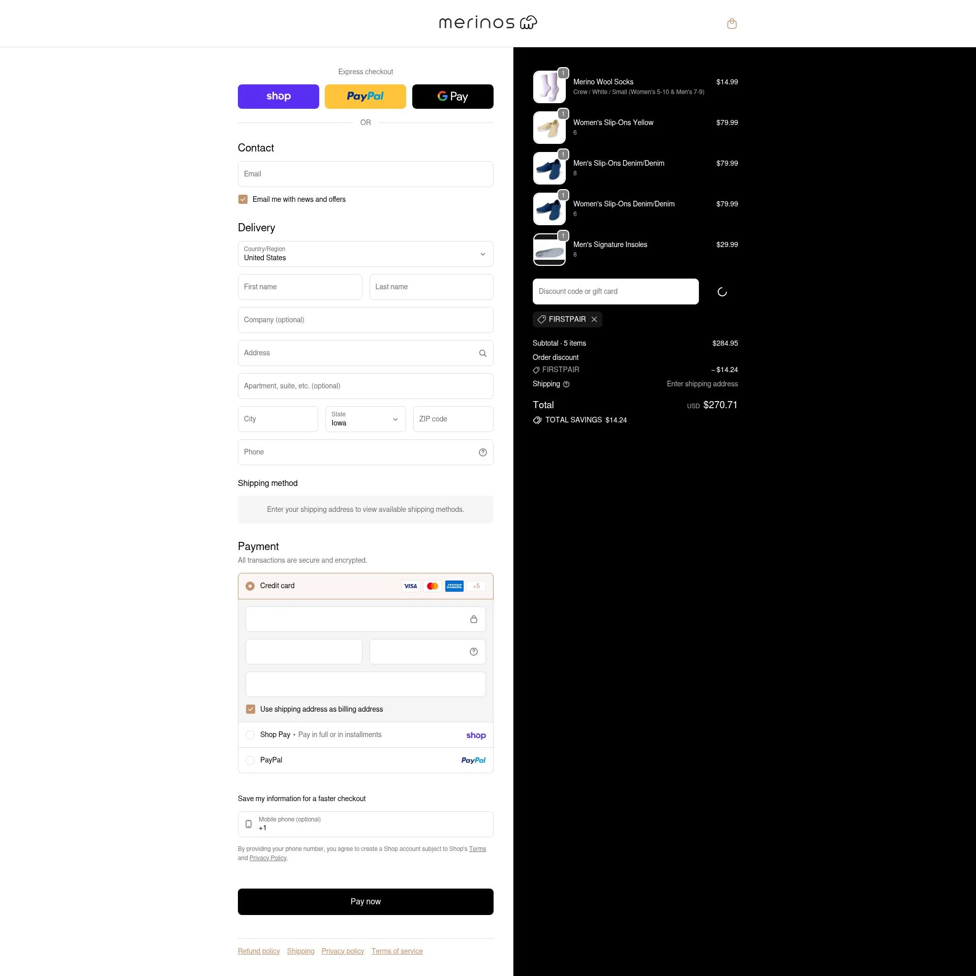 Merinos checkout page showing Merinos coupon code box | Screenshot taken by SimplyCodes community member on Feb 19, 2026